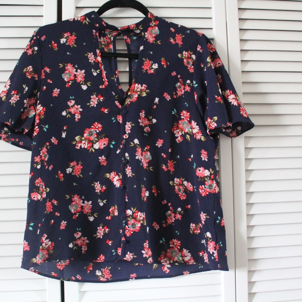 Flower Print Mock Neck Choker Blouse